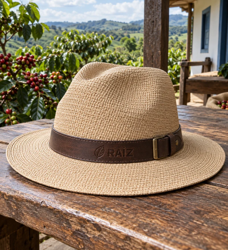 Chapéu do Produtor com correia de couro, em ambiente rural sob luz dourada