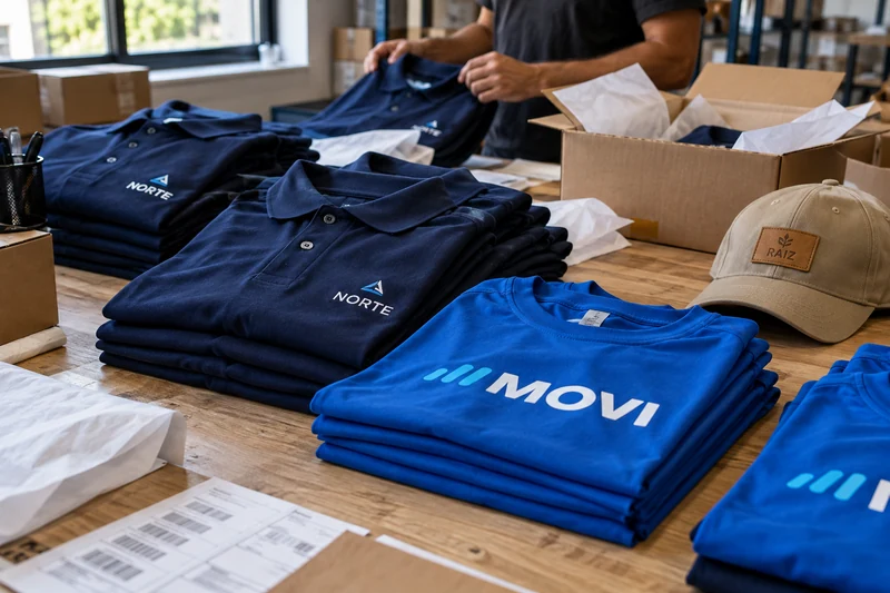 Uniformes dobrados e embalados em caixas, prontos para distribuição às unidades