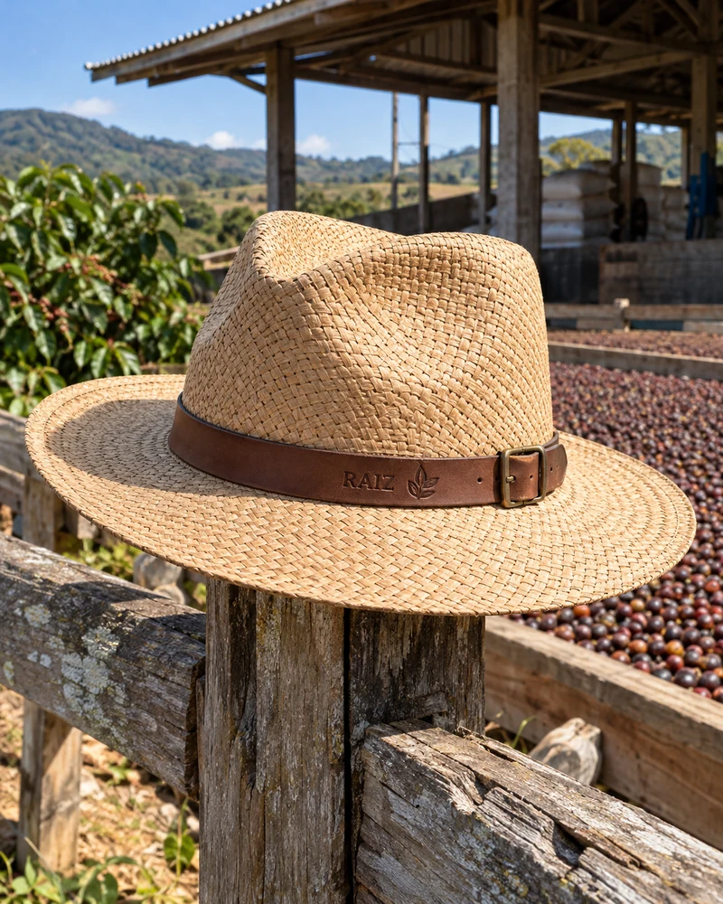 Chapéu de fibra sobre madeira em ambiente rural