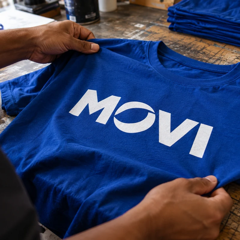 Detalhe de estampa empresarial em camiseta durante inspeção do acabamento
